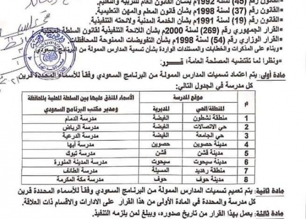 وثيقة رسمية تكشف عن سعودة المدارس في محافظة المهرة شرقي اليمن